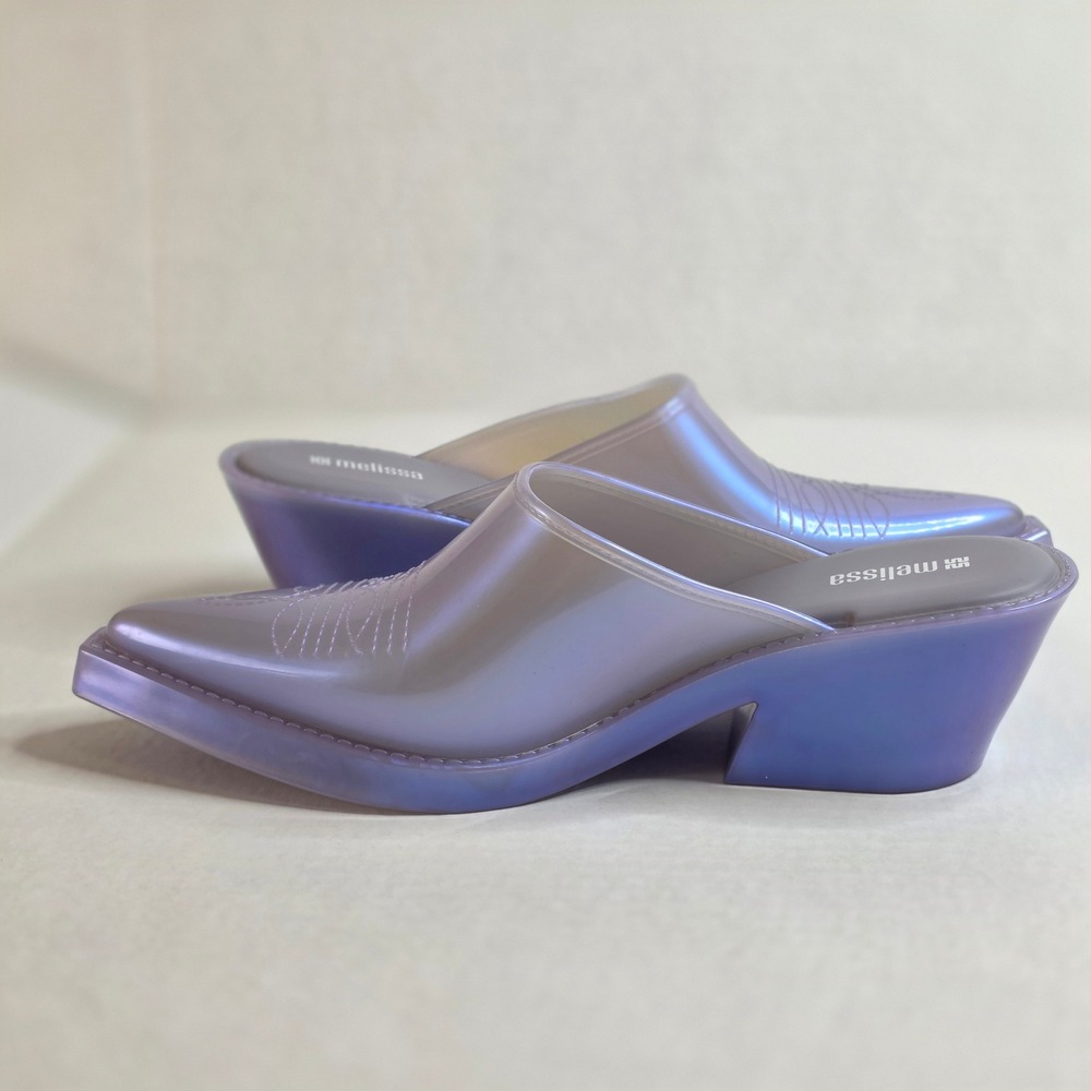 Melissa Texas Western Lilac Mules Women 8 Purple Iridescent Space Cowgirl Jelly